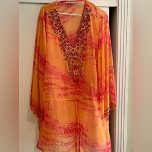 Blue Island Jeweled Tunic Coverup 2X Pink and Orange
